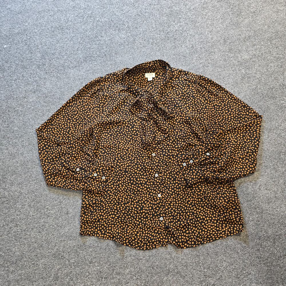 J Crew Top Womens Size Medium Black Tan Dotted Neck Tie Button Up Capsule Career